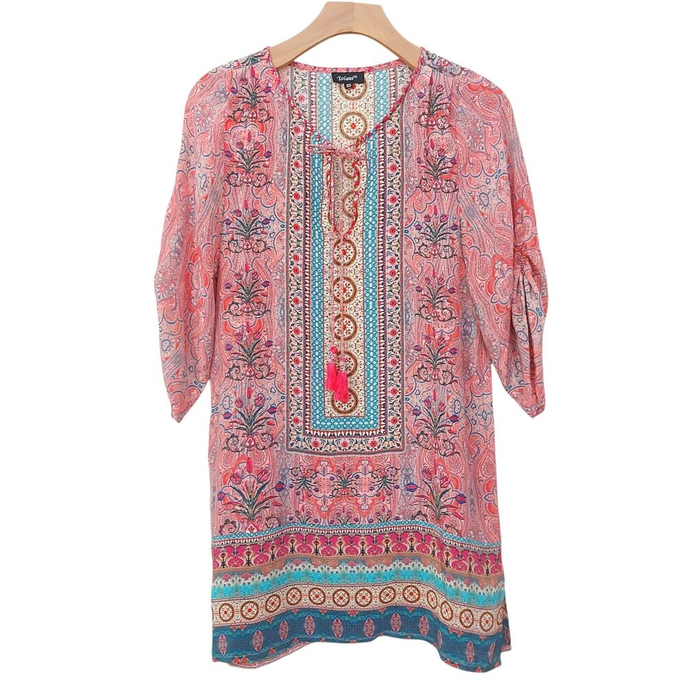 Tolani Silk Tunic Dress Women XS Pink  Paisley Medallion Tassel Tie Festival